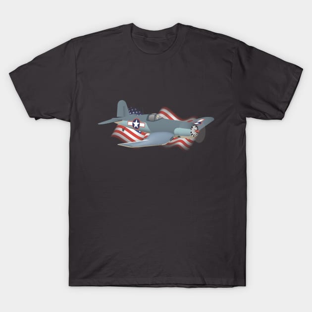 Corsair WWII Airplane with American Flag T-Shirt by NorseTech